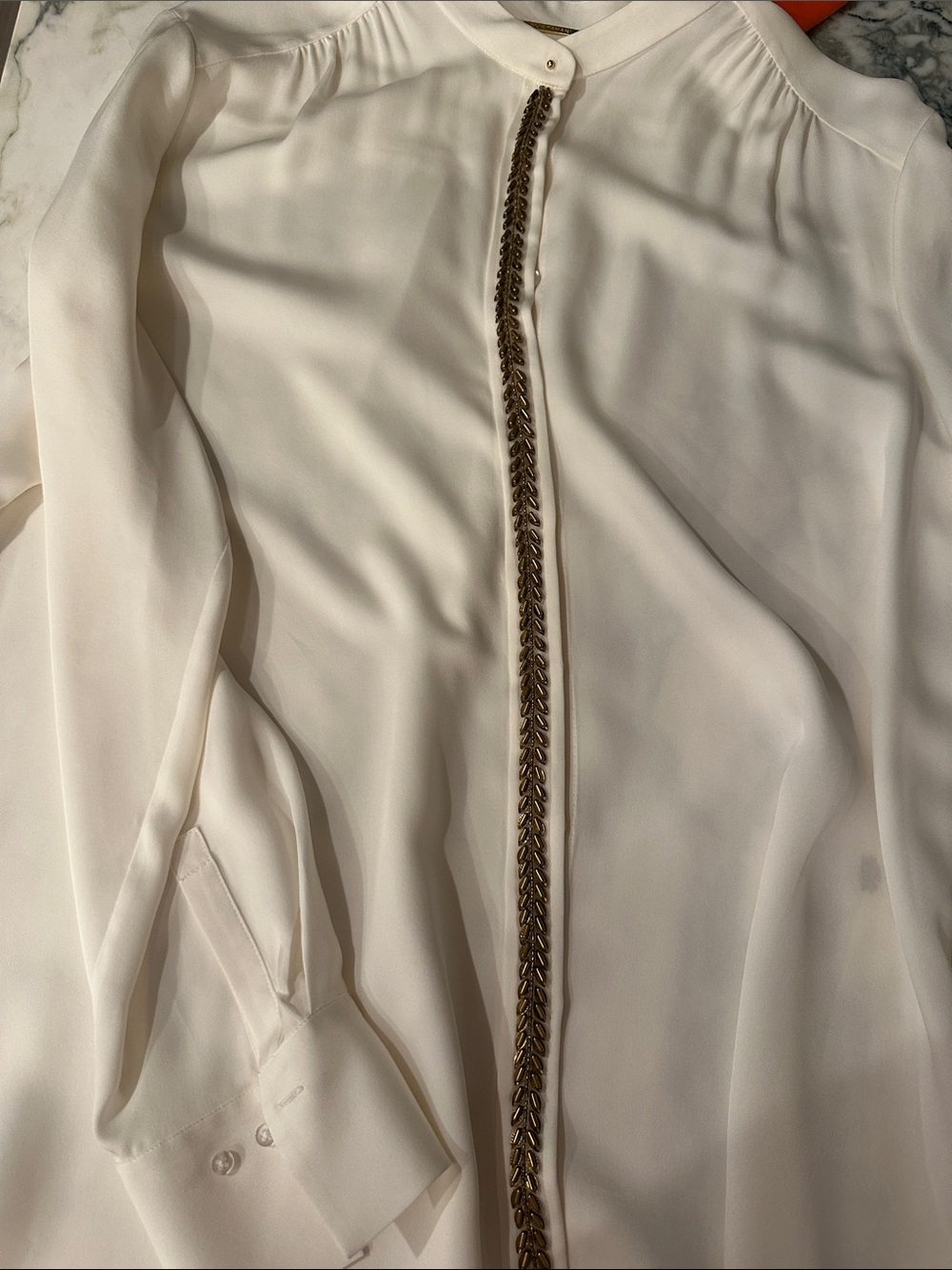 Elie Tahari Ivory Blouse with Gold Chain-Trim